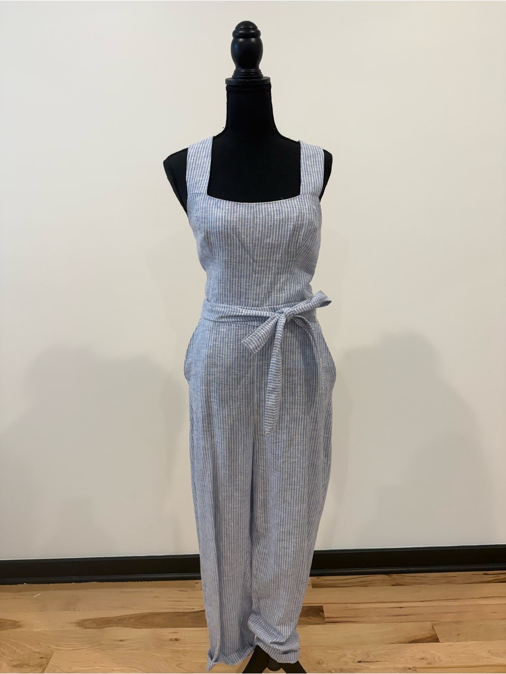 BCBGeneration Blue White Striped Belted Jumpsuit Size 10